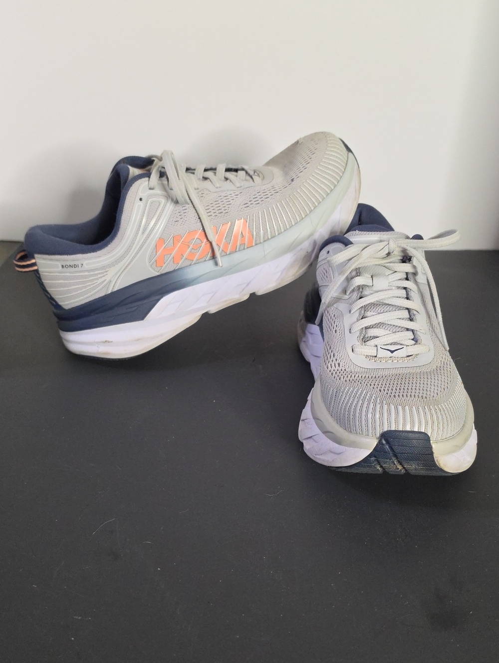Hoka Bondi 7 Gray Navy with Coral Logo Women's Running Shoes